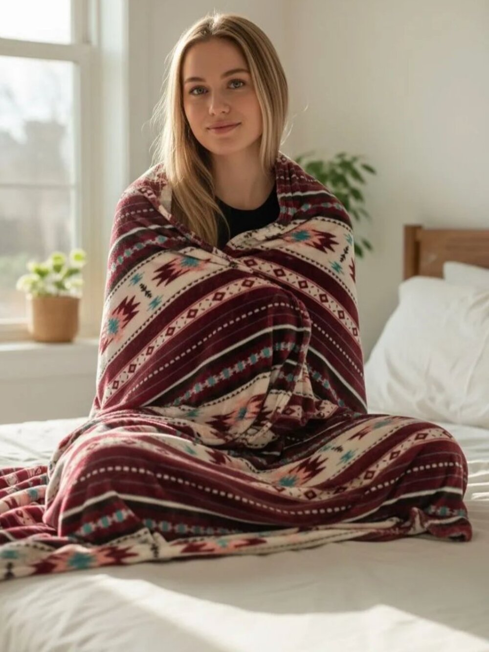 Burgundy Southwestern Stripe Aztec Tribal Throw Blanket - Home Bedding